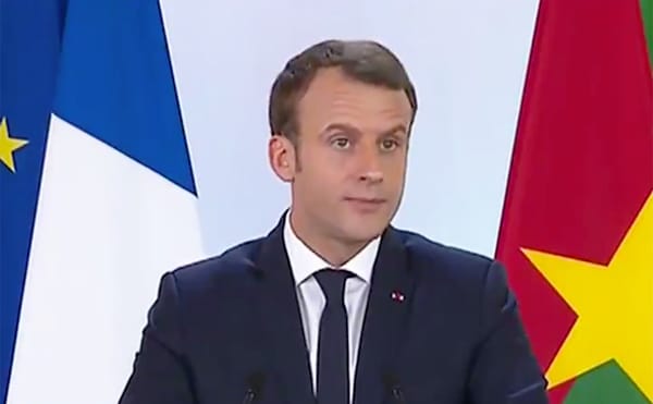 French President Emmanuel Macron speaking on November 28 in Ouagadougou, Burkina Faso. (screenshot via @EmmanuelMacron/Twitte