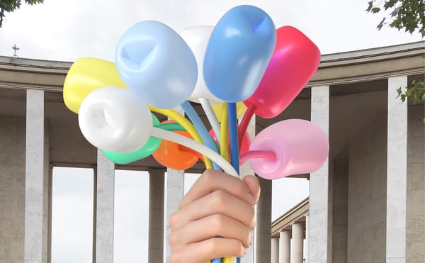 Jeff Koons, “Bouquet of Tulips” (2016), polychromed bronze, stainless steel, and aluminum; sculpture dimensions: 34 ft 1 1/2