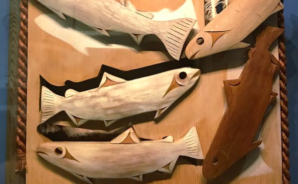 Tim Paul (Hesquiaht Nuu-chah-nulth), "Summer Seasonal Moon" (ca 2000), cedarwood, cedar bark, paint, feathers, National Museu