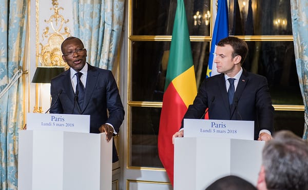 Patrice Talon, President of Benin (left), and Emmanuel Macron, President of France (right), hold a press conference in Paris