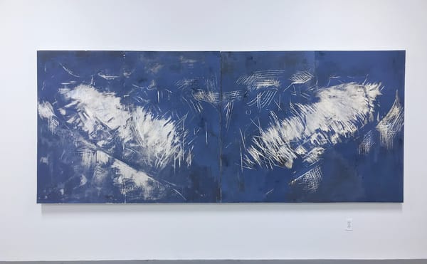 Juliette Dumas, "Whale Fluke (Le Grand Bleu)" (2018), clay and gouache on paper mounted on canvas, 60 x 144 in