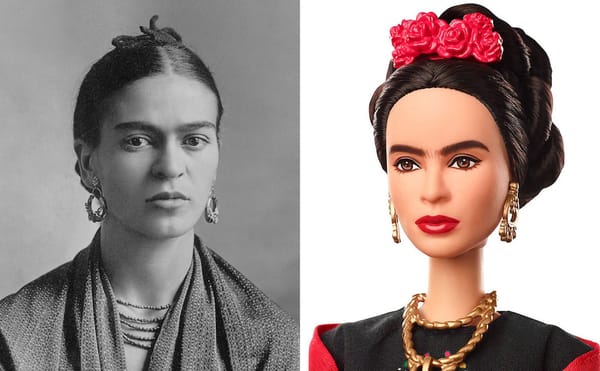 Left: Frida Kahlo in 1932 (photo by Guillermo Kahlo, courtesy Sotheby's, via Wikimedia Commons); right: the Frida Kahlo Barbi