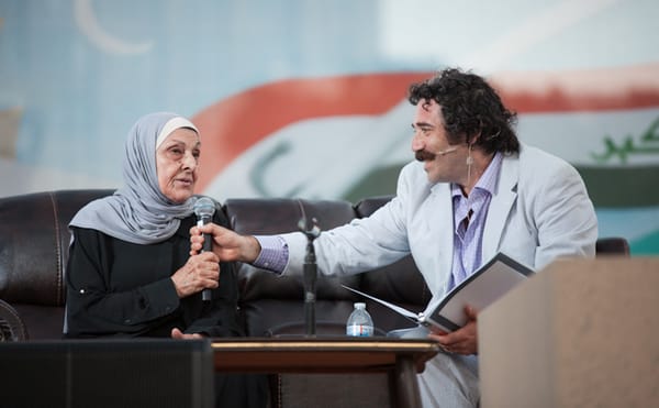 Michael Rakowitz interviews Hayfaa Ibrahem Abdulqader at the July 30 live performance for Radio Silence