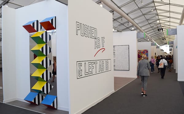 Works by Daniel Buren and Lawrence Weiner on the exterior of the Lisson Gallery booth at Frieze New York (all photos by the a