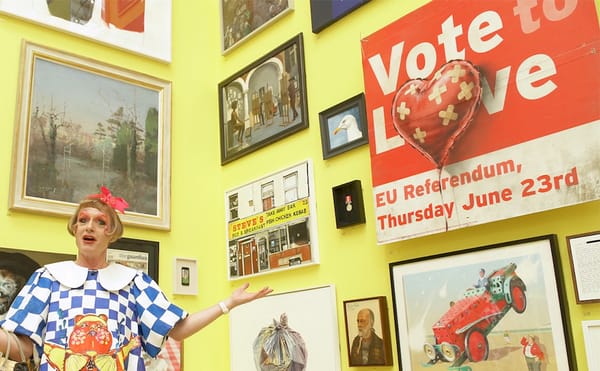 Grayson Perry alongside the Banksy artwork in the Royal Academy's 2018 summer exhibition (screenshot by the author via Vimeo)
