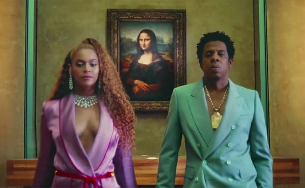Beyoncé and Jay-Z in front of Leonardo da Vinci's Mona Lisa in the video for "Apeshit" (all screenshots by the author via You