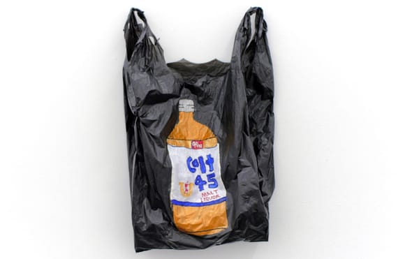 Ginssiyo Apara, "Bodega boys: Colt 45" (2017), acrylic on plastic