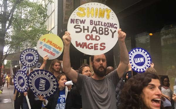 Demonstrators outside the Museum of Modern Art on May 31, 2018, calling for a fair contract for the museum's union workers.