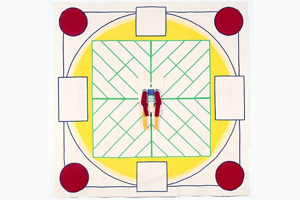 B. Wurtz, Green Basket #2, 1994. Canvas, acrylic paint, wood, tin cans, cloth 120 × 120 × 3.5 in. (304.80 x 304.80 x 8.89 cm)