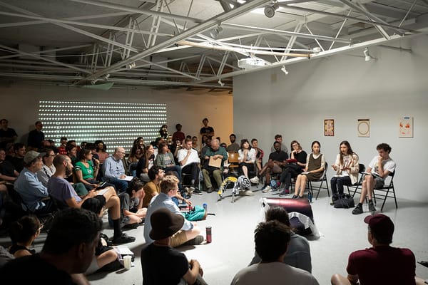 Third year student Marina Xenofontos presents her work to students and faculty, summer 2018. Photo: Pete Mauney