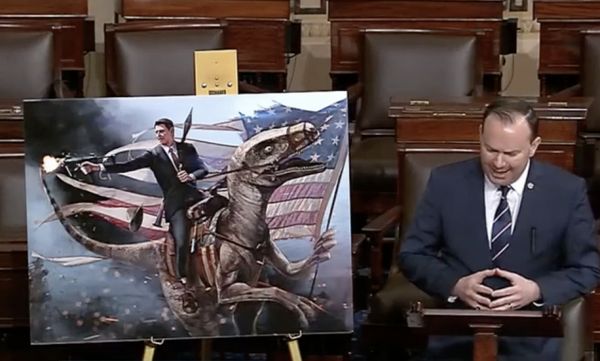 Utah Senator Takes the Senate Floor with a Painting of Reagan Riding a Dinosaur