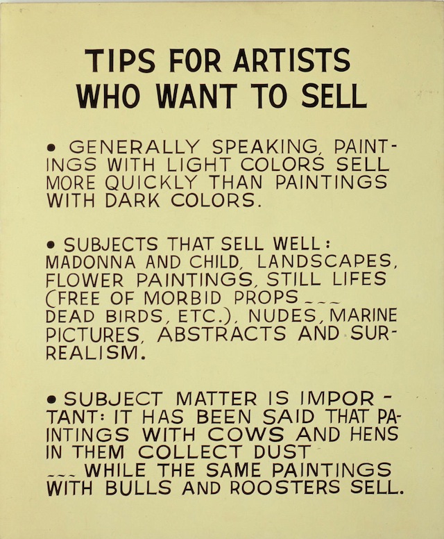 John Baldessari, "Tips for Artists Who Want to Sell," (1966-68). Acrylic on canvas. 68 x 56 1/2 in. (172.7 x 143.5 cm). (Courtesy The Broad Art Foundation, Santa Monica / © John Baldessari)