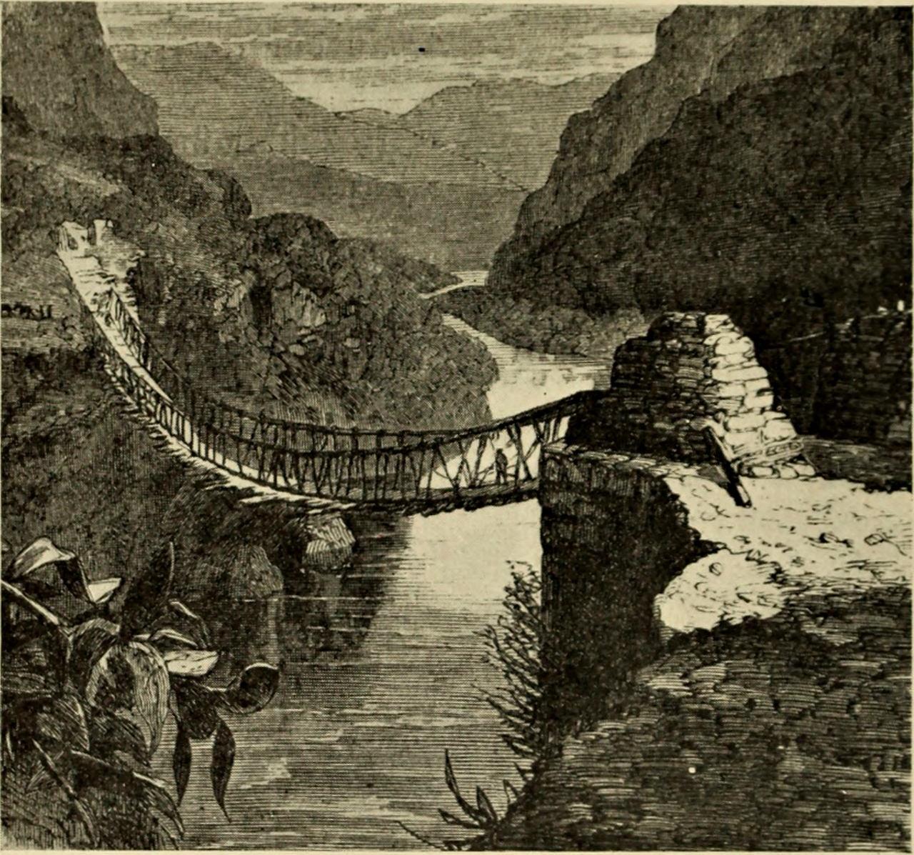  Ilustración de un puente de cuerda en' Civilizaciones Antiguas de la Tierra Inca '(1924) (a través de Imágenes de Libros de Archivo de Internet)