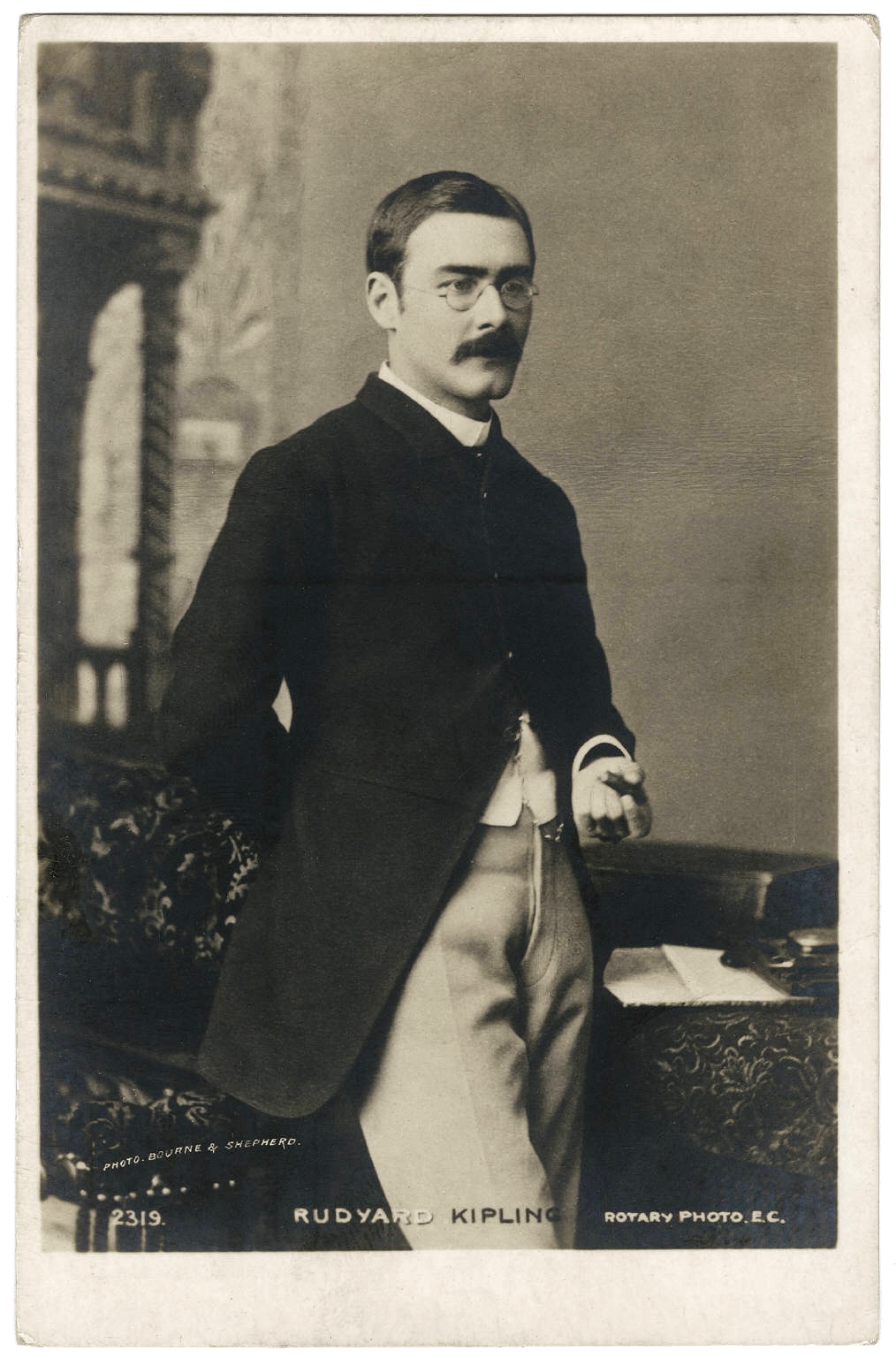 Bourne & Shepherd's photographic postcard portrait of Rudyard Kipling (courtesy of the Beinecke Rare Book & Manuscript Library, Yale University via Wikipedia Commons)
