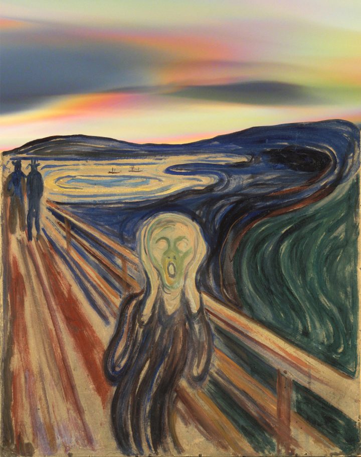 Edvard Munch, "The Scream" (1910 version, Munch Museum, via Wikimedia Commons) juxtaposed with image of nacreous clouds over Asker, Norway (photo by Mathiasm, via Wikimedia Commons)