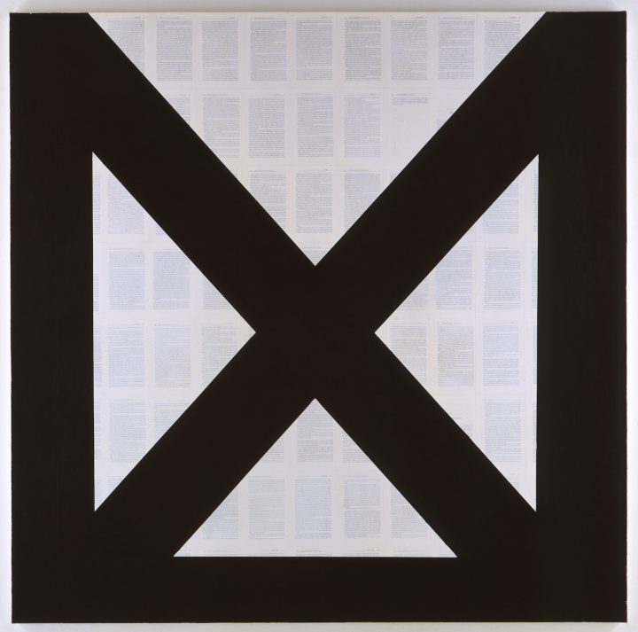 Tim Rollins and KOS, "By Any Means Necessary (after Malcolm X)" (2008), matte acrylic and book pages on canvas, 72 x 72 in (courtesy Studio KOS, Lehmann Maupin, New York and Hong Kong)