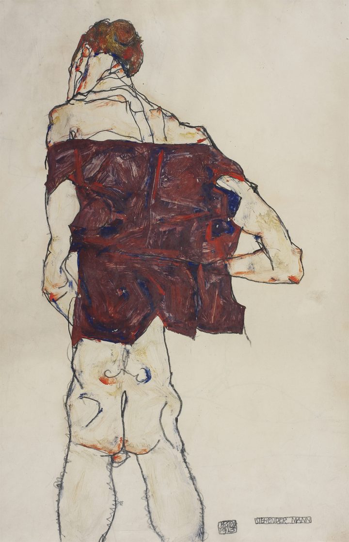 Egon Schiele’s Quivering Line Tells All Artes & contextos Egon Schiele Standing Man 1913 Gouache watercolor and pencil on paper 481 318 cm mer Ko Picture Hadiye Cangke copy